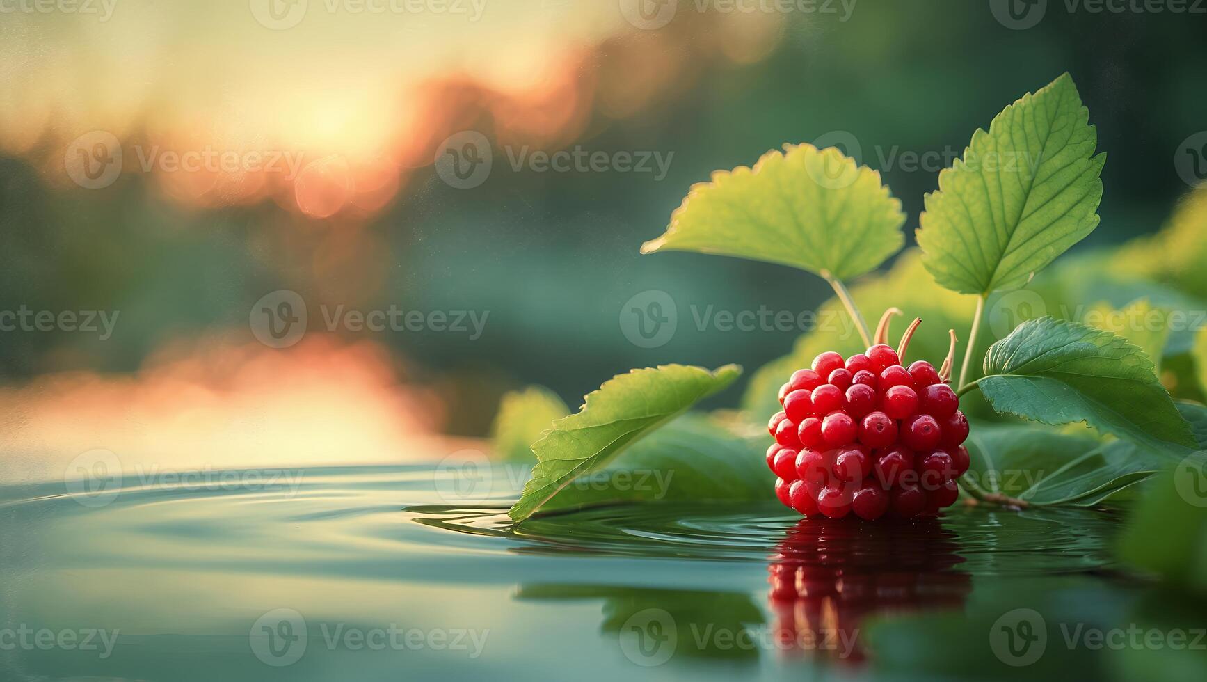 Red Berry on Water with Green Leaves photo