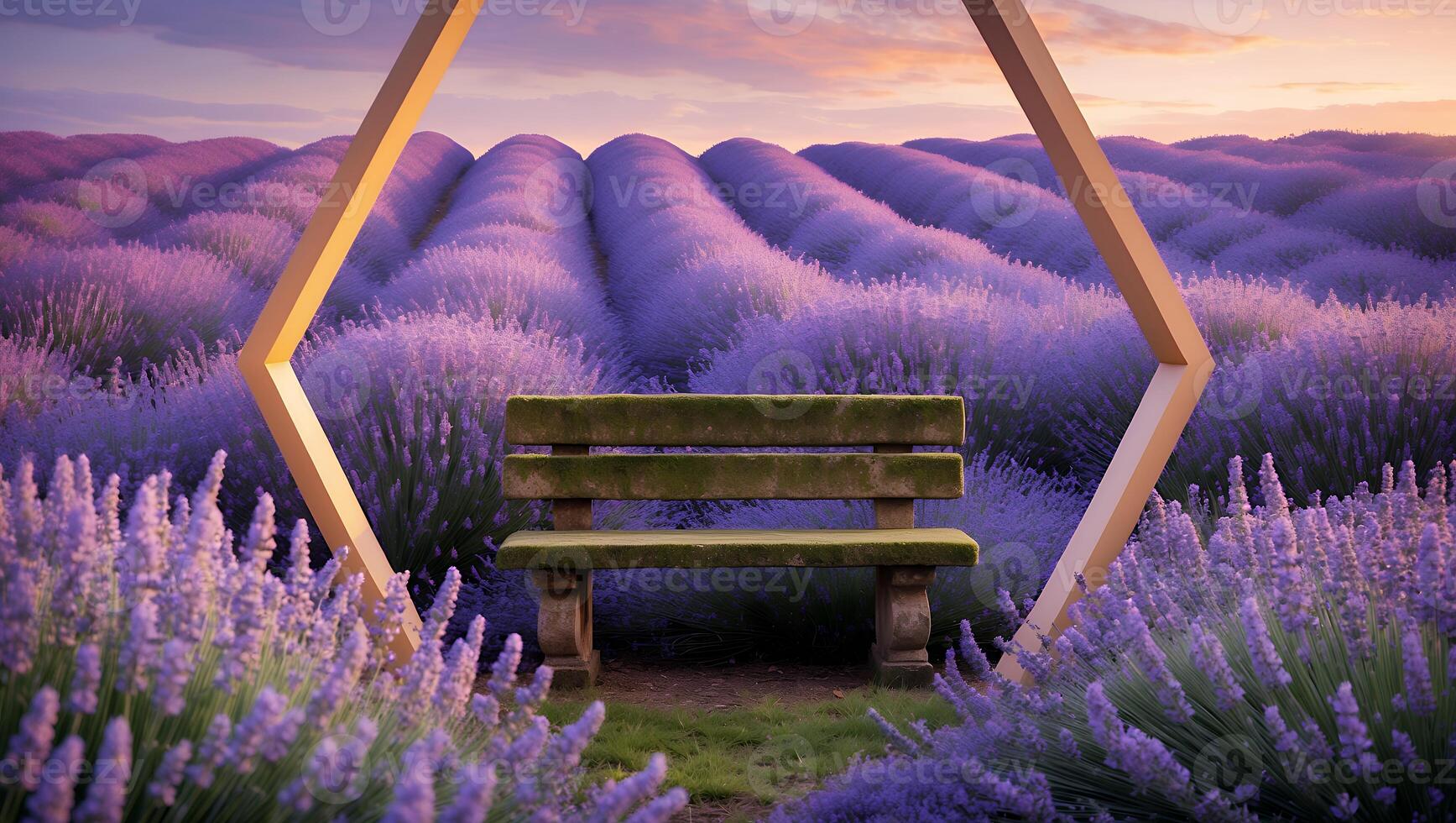 Lavender Field with Bench and Hexagon Frame at Sunset photo