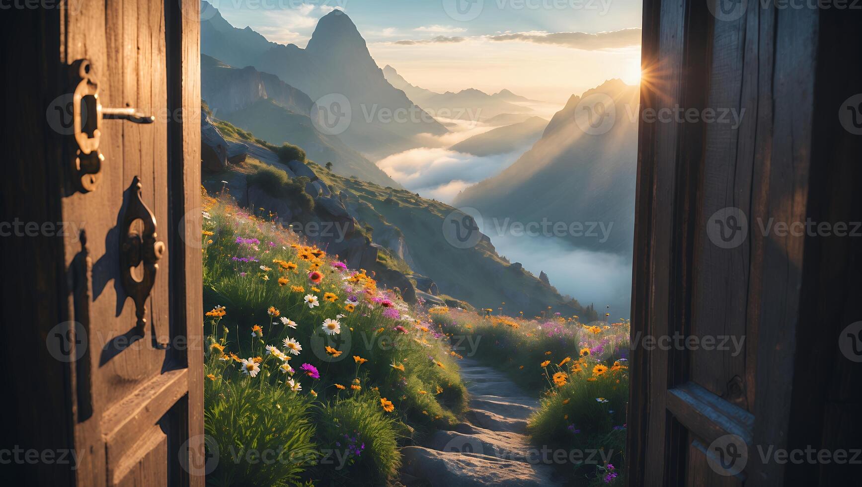 Mountain View Through Open Door with Flowers photo