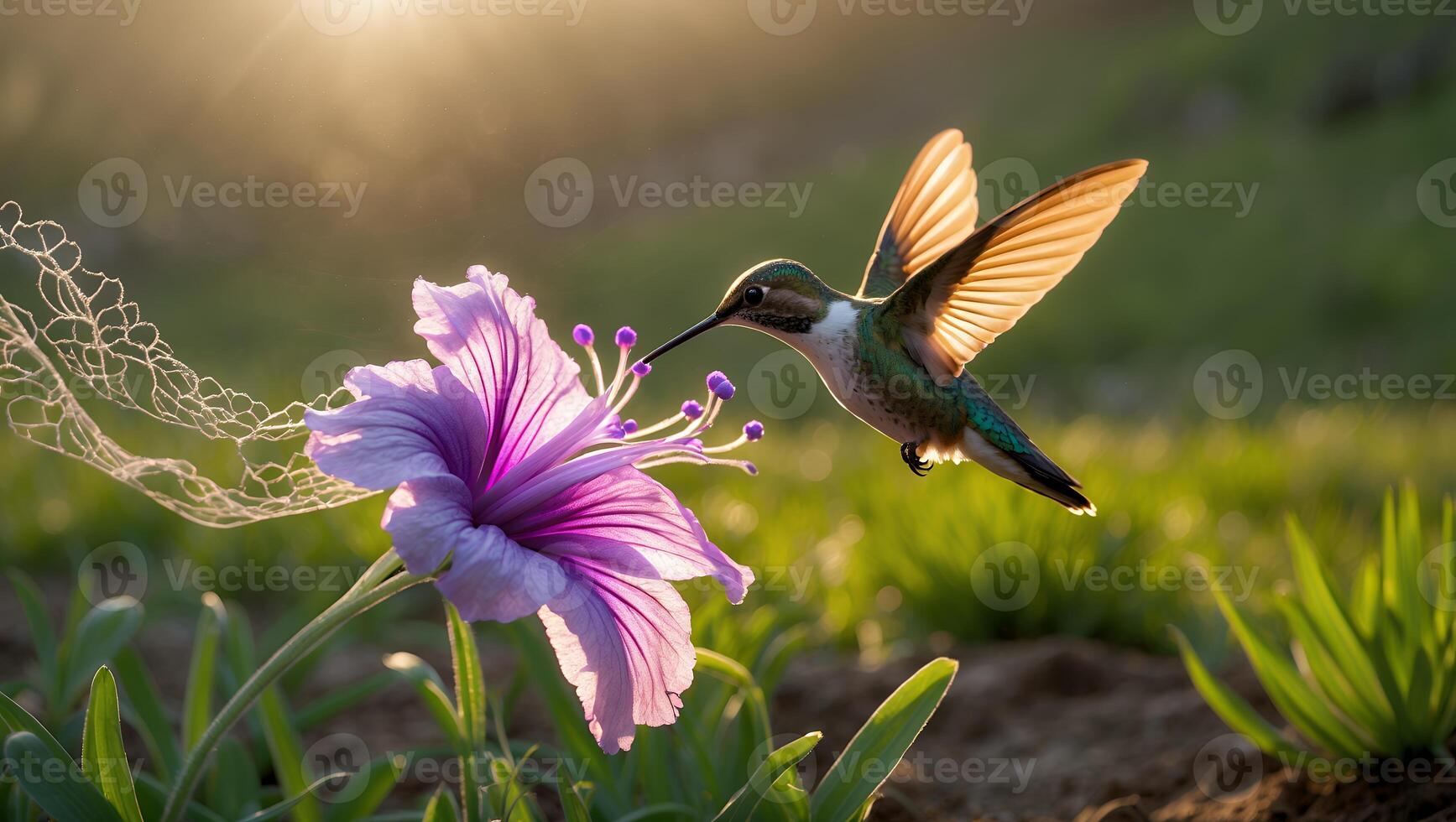 Hummingbird Hovering Near Purple Flower in Sunny Meadow photo