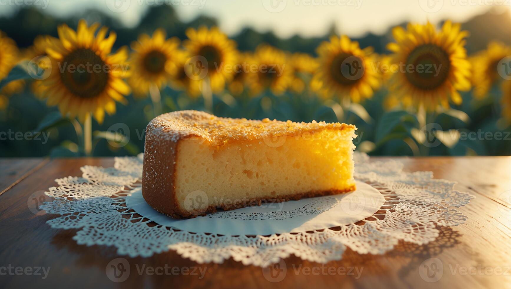 Cake Slice with Sunflowers on a Wooden Table photo
