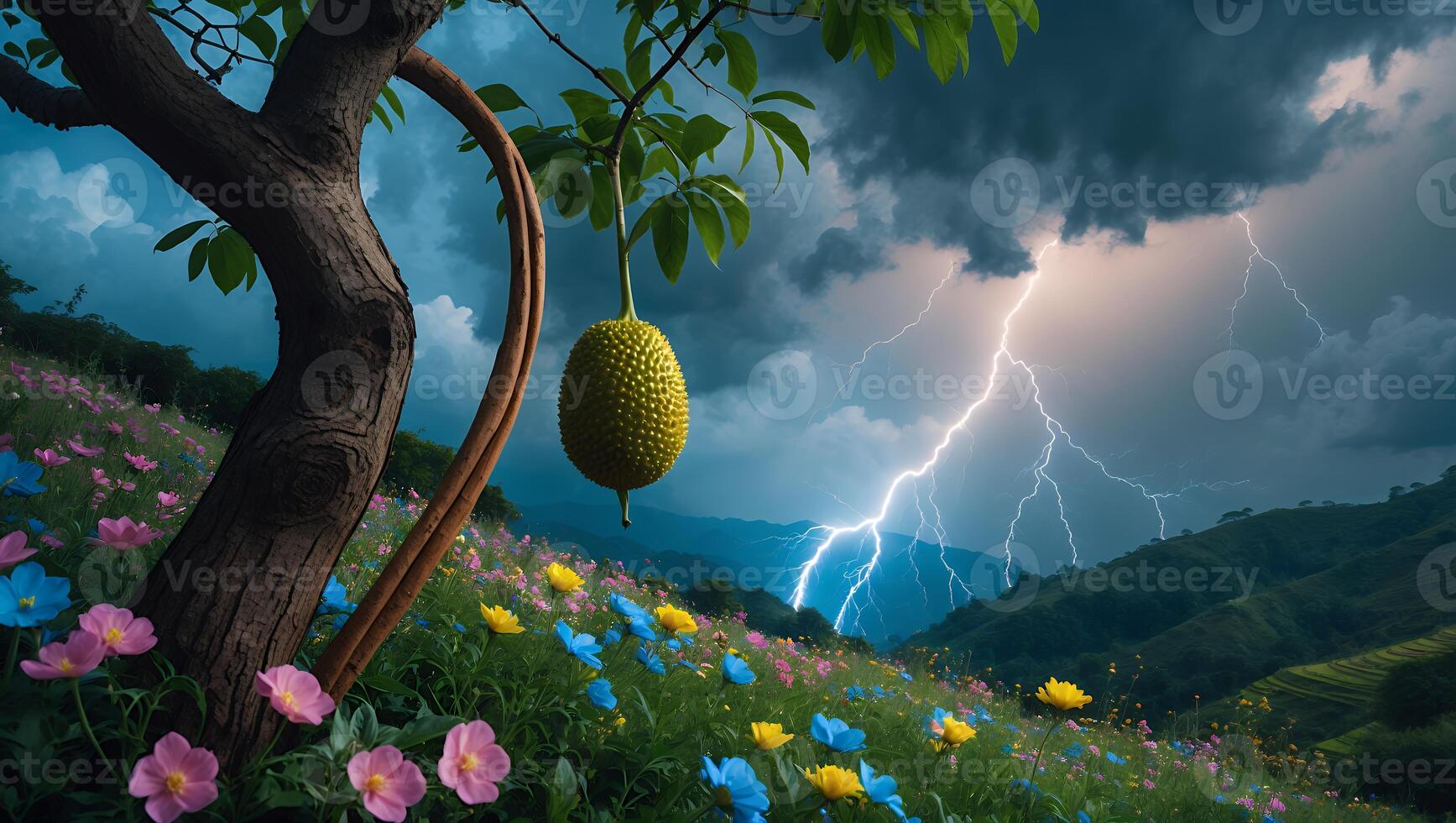 Jackfruit with Lightning on Field of Flowers photo