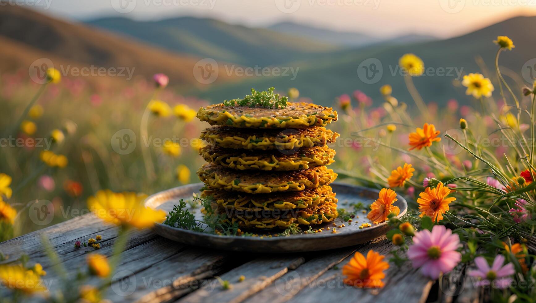 Stack of Pancakes on Wood in Flower Meadow photo