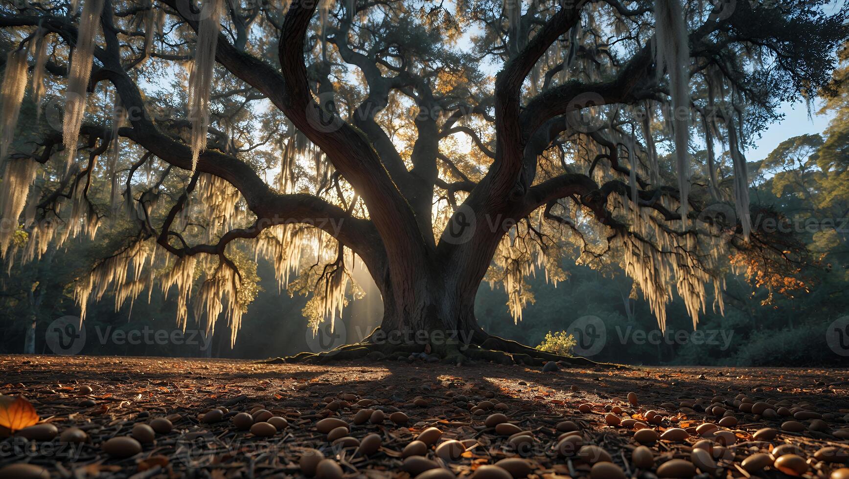 Majestic Oak Tree with Spanish Moss and Acorns on the Ground photo