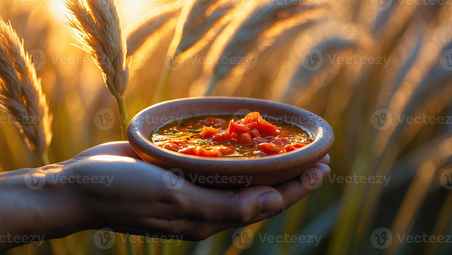 Tomato Soup in Clay Bowl Held in Hand Against Wheat Field photo