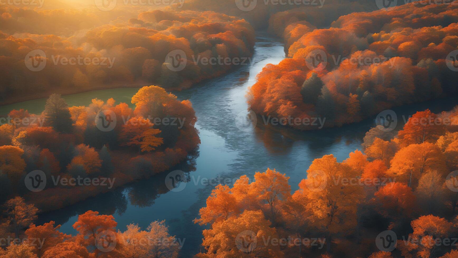 Autumn River Flows Through Vibrant Trees Landscape photo