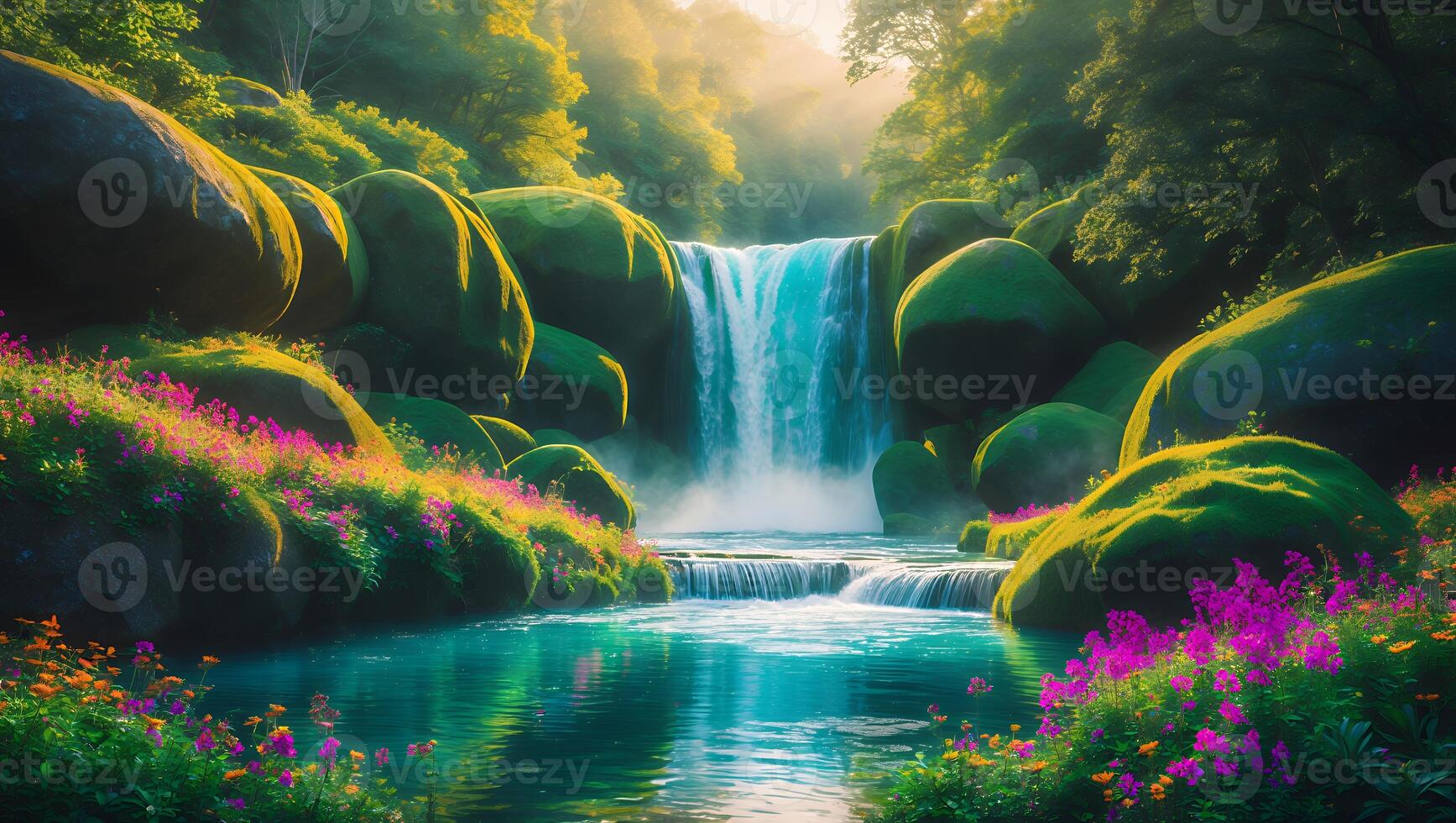 Beautiful Waterfall with Mossy Rocks and Wildflowers photo