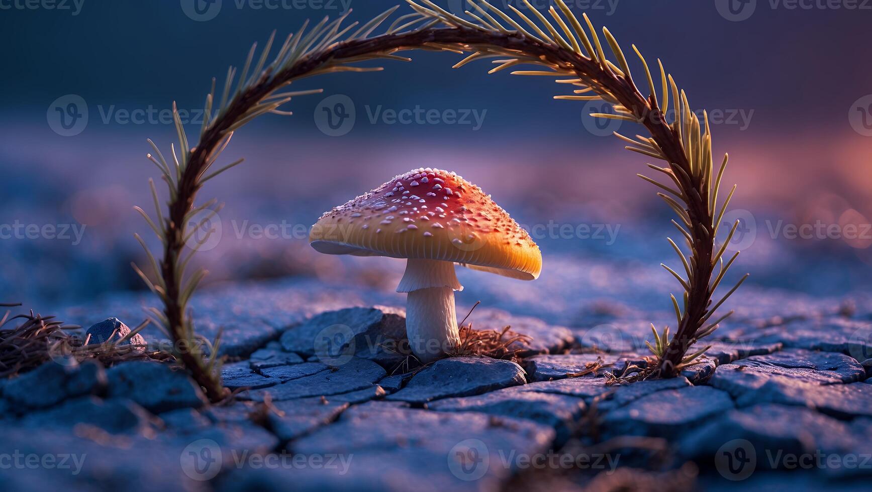 Mushroom on Ground with Circular Pine Branch photo