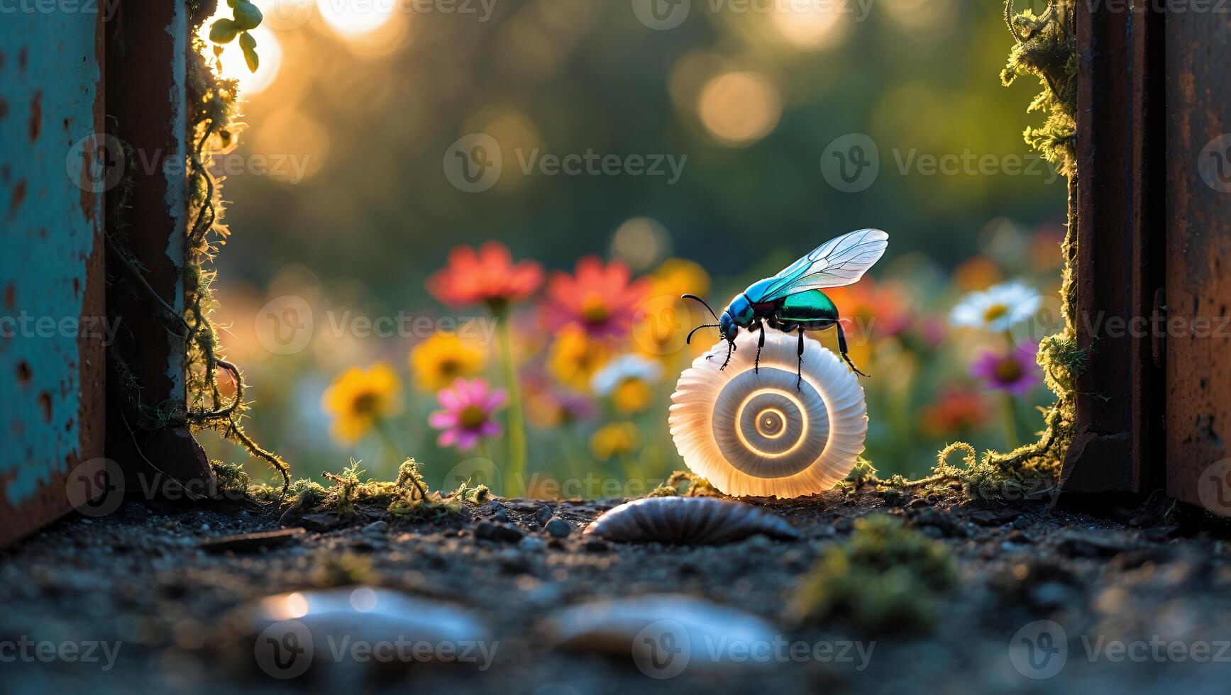 Green Bug on Seashell Near Flowers photo