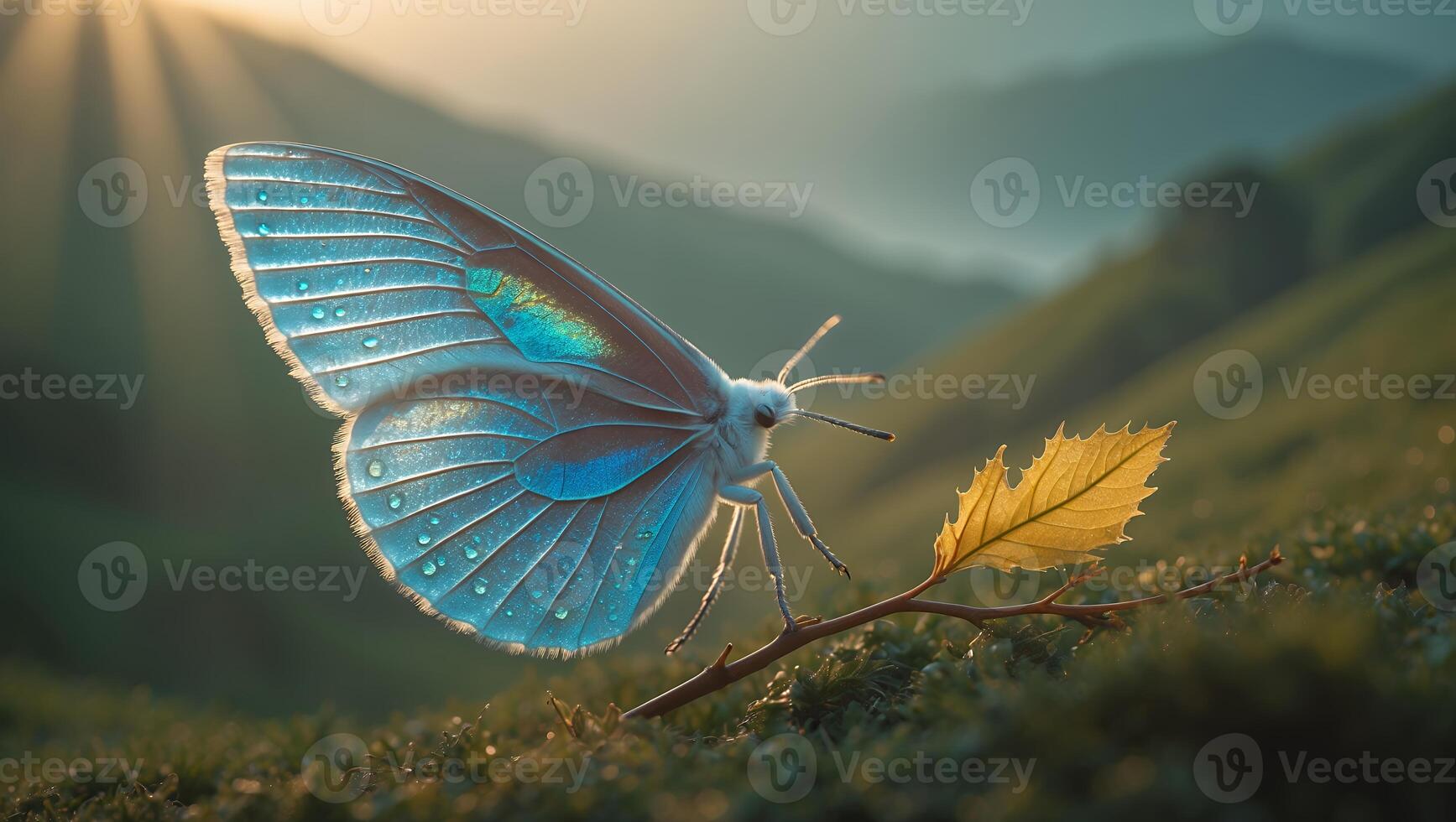 Blue Butterfly on Branch with Mountain Background photo