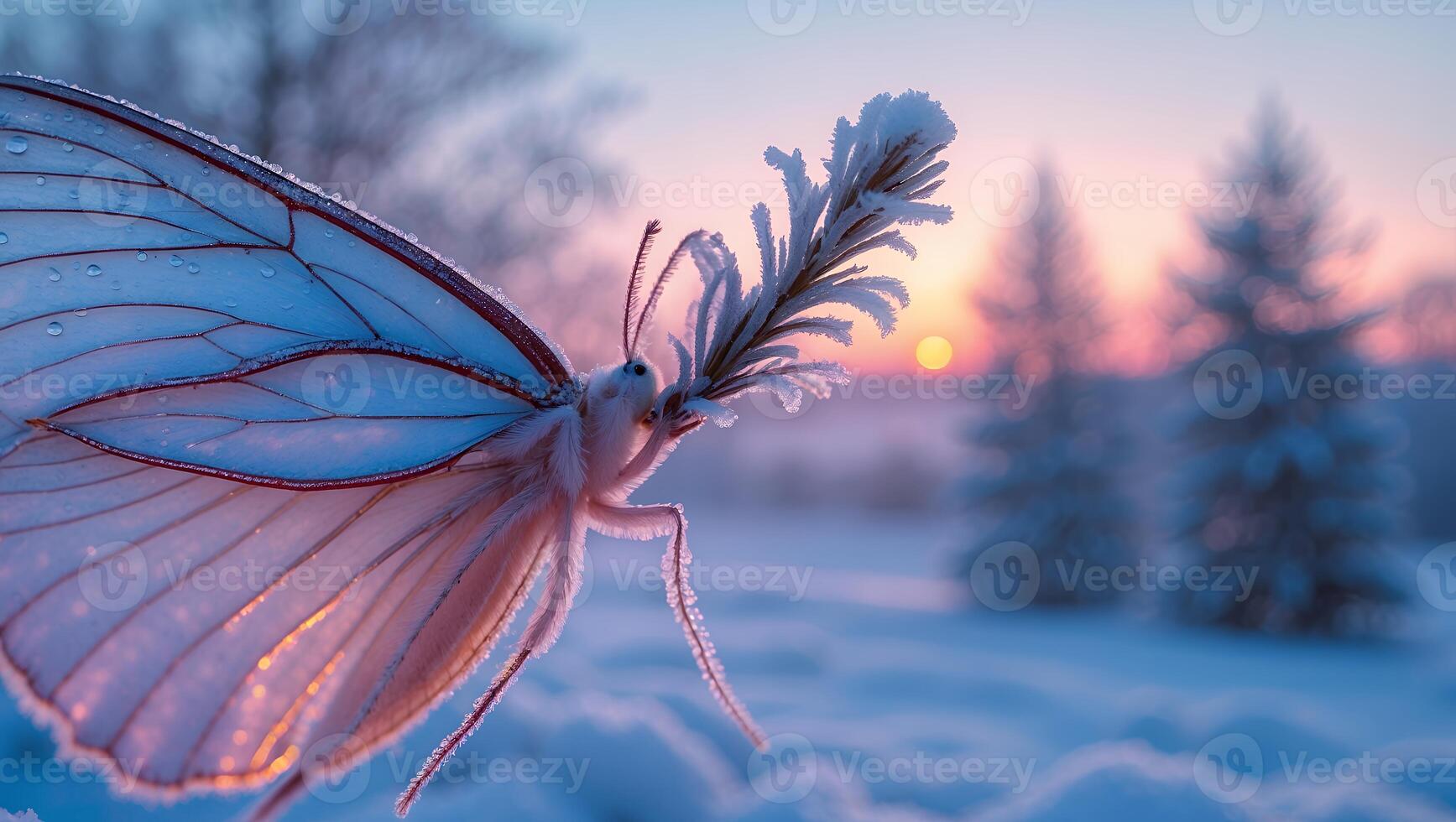 Butterfly on Frosty Branch Winter Landscape Sunset photo