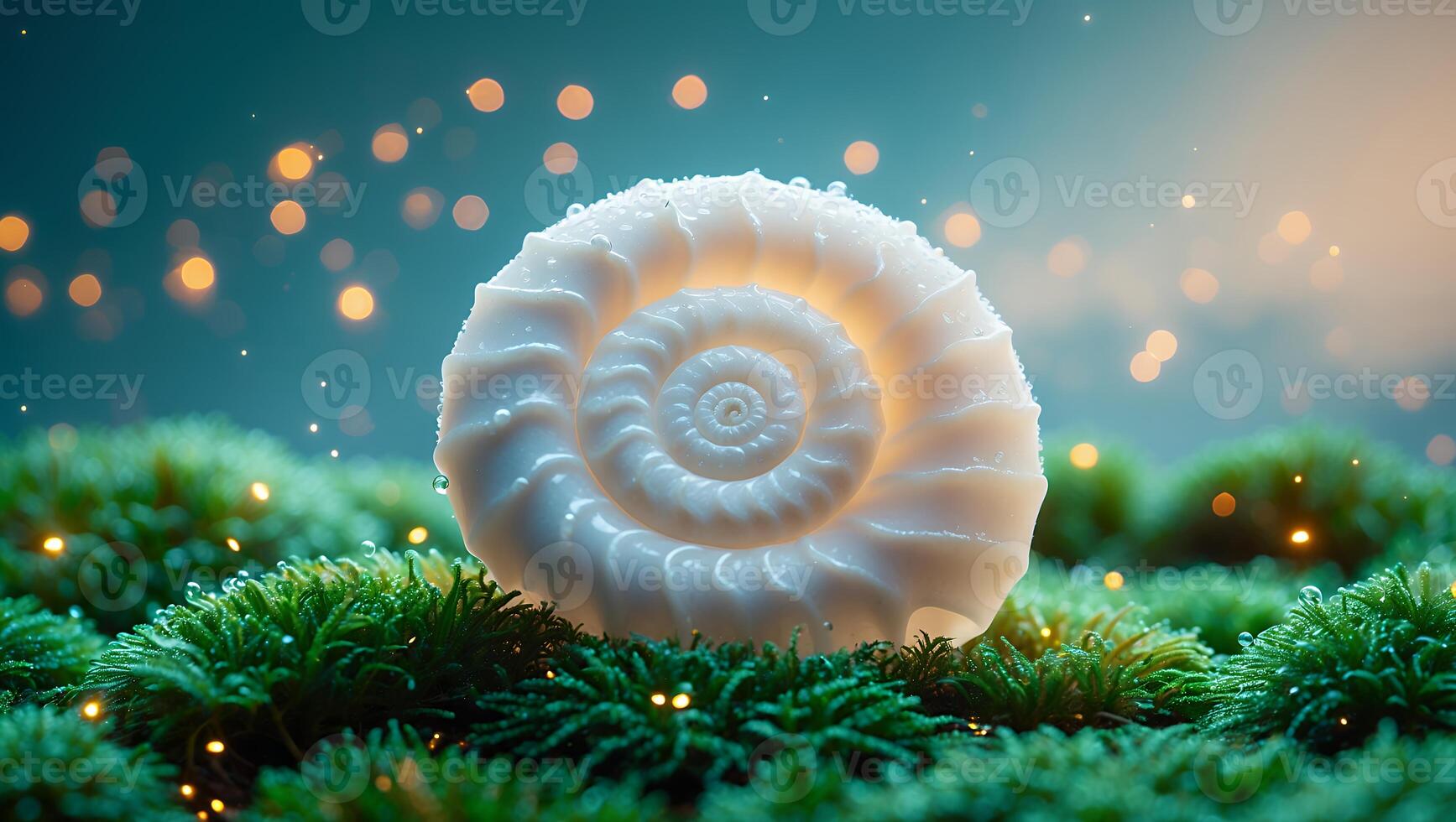 White Spiral Shell on Moss photo