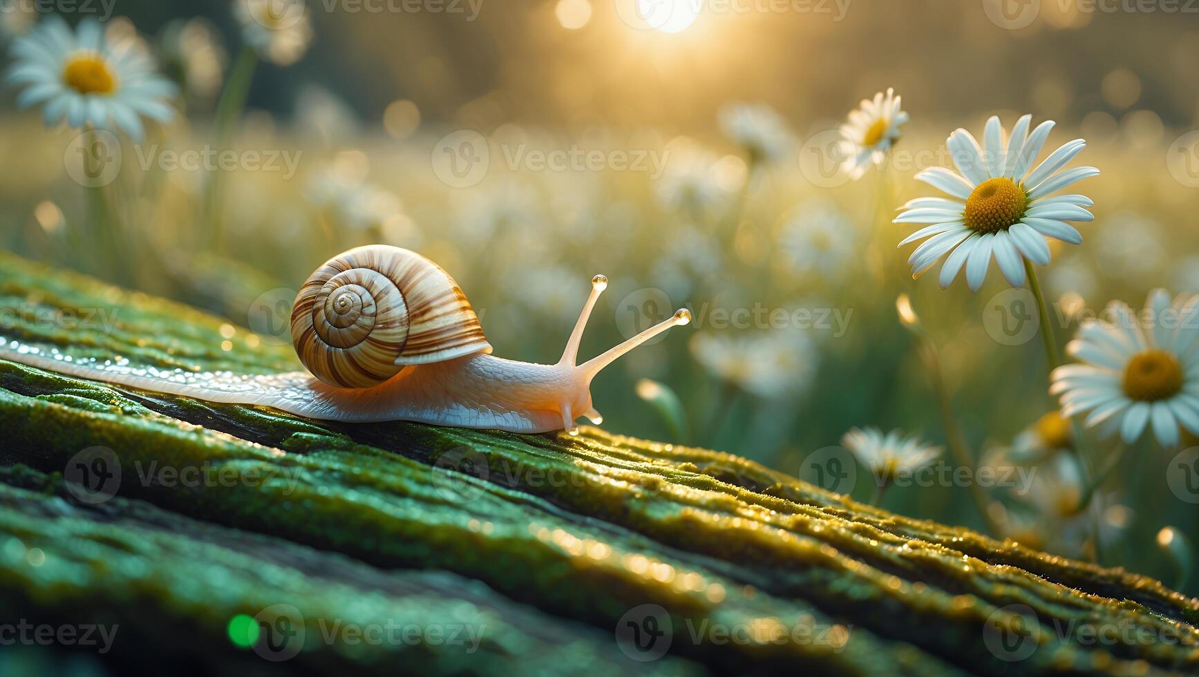 Snail Crawling on Wood in Daisy Field photo