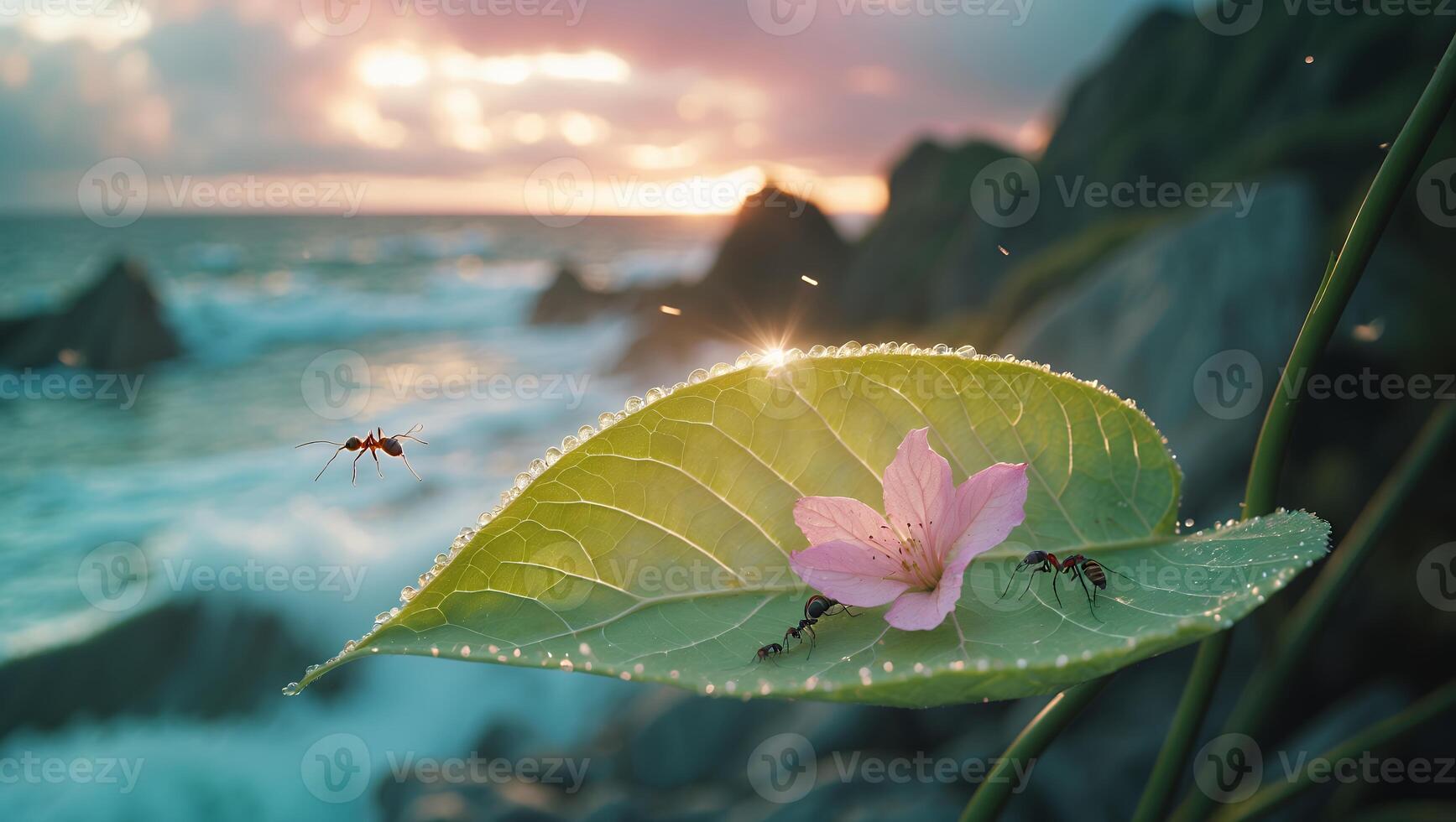 Ants on Leaf with Flower by Ocean at Sunset photo