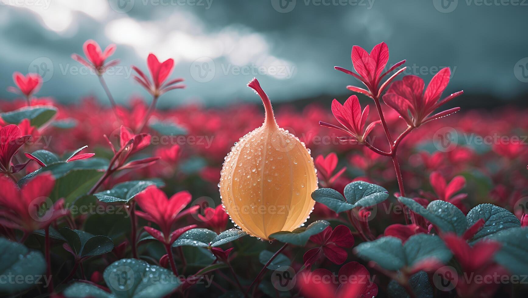 Dew Covered Pod Amidst Red Foliage Under Cloudy Sky photo