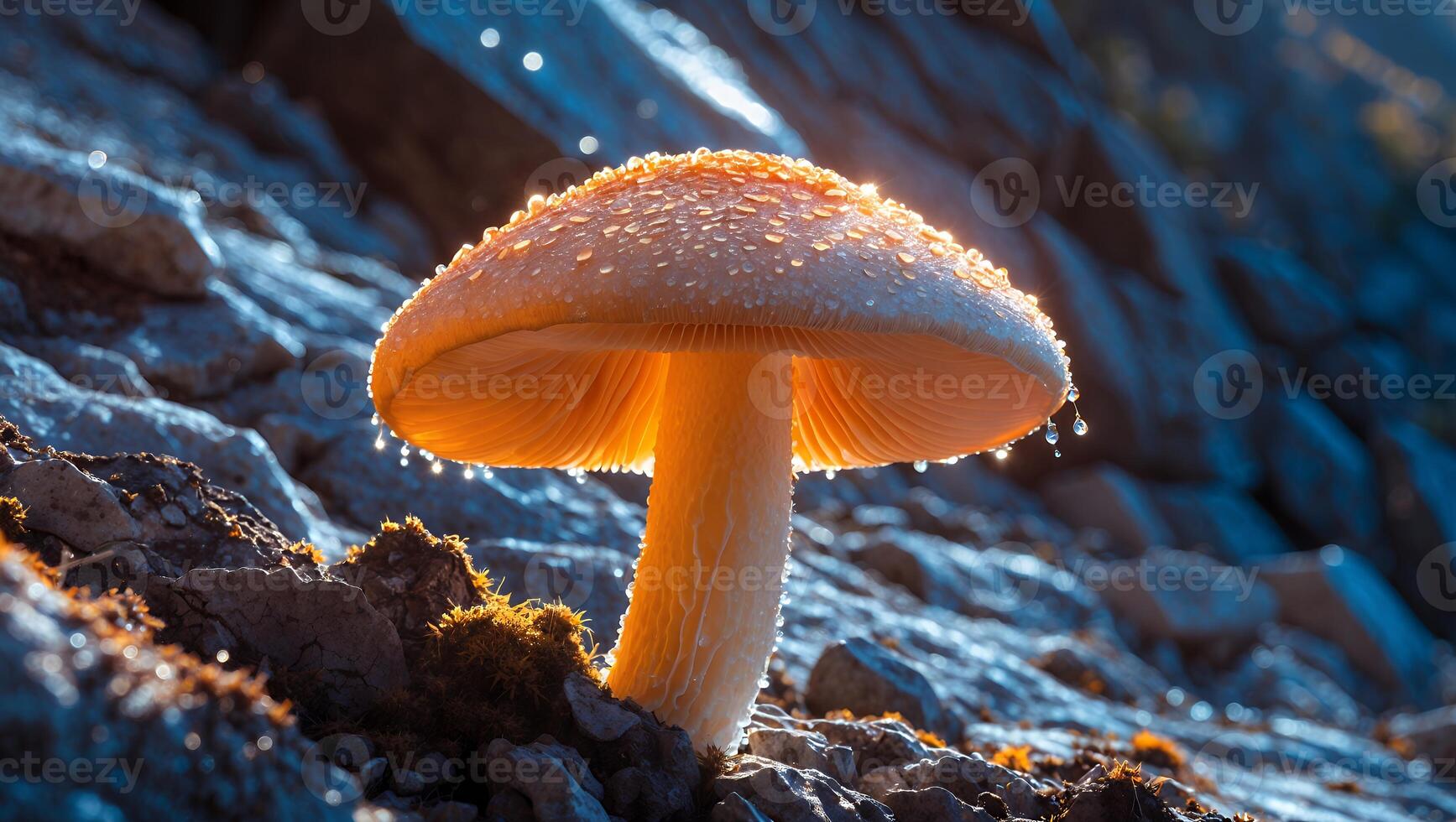 Mushroom Growing on Rock with Glowing Light and Dew Drops photo