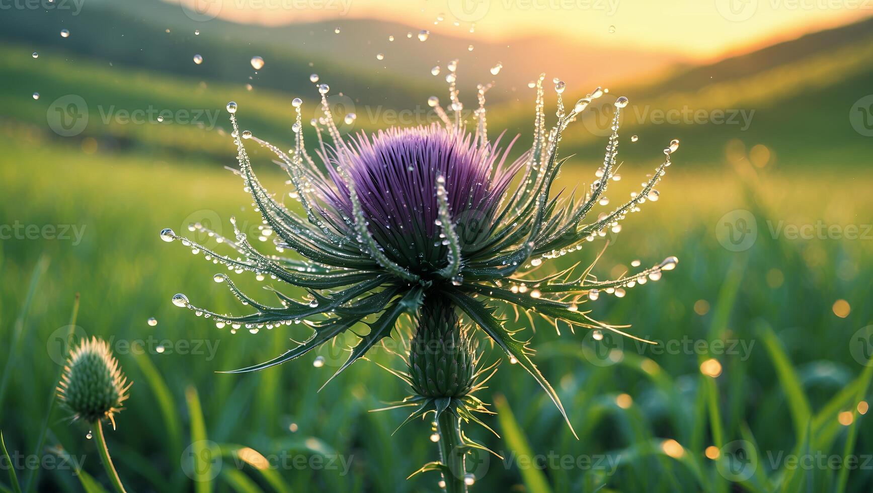 Thistle Flower with Water Drops in a Green Field at Sunset photo