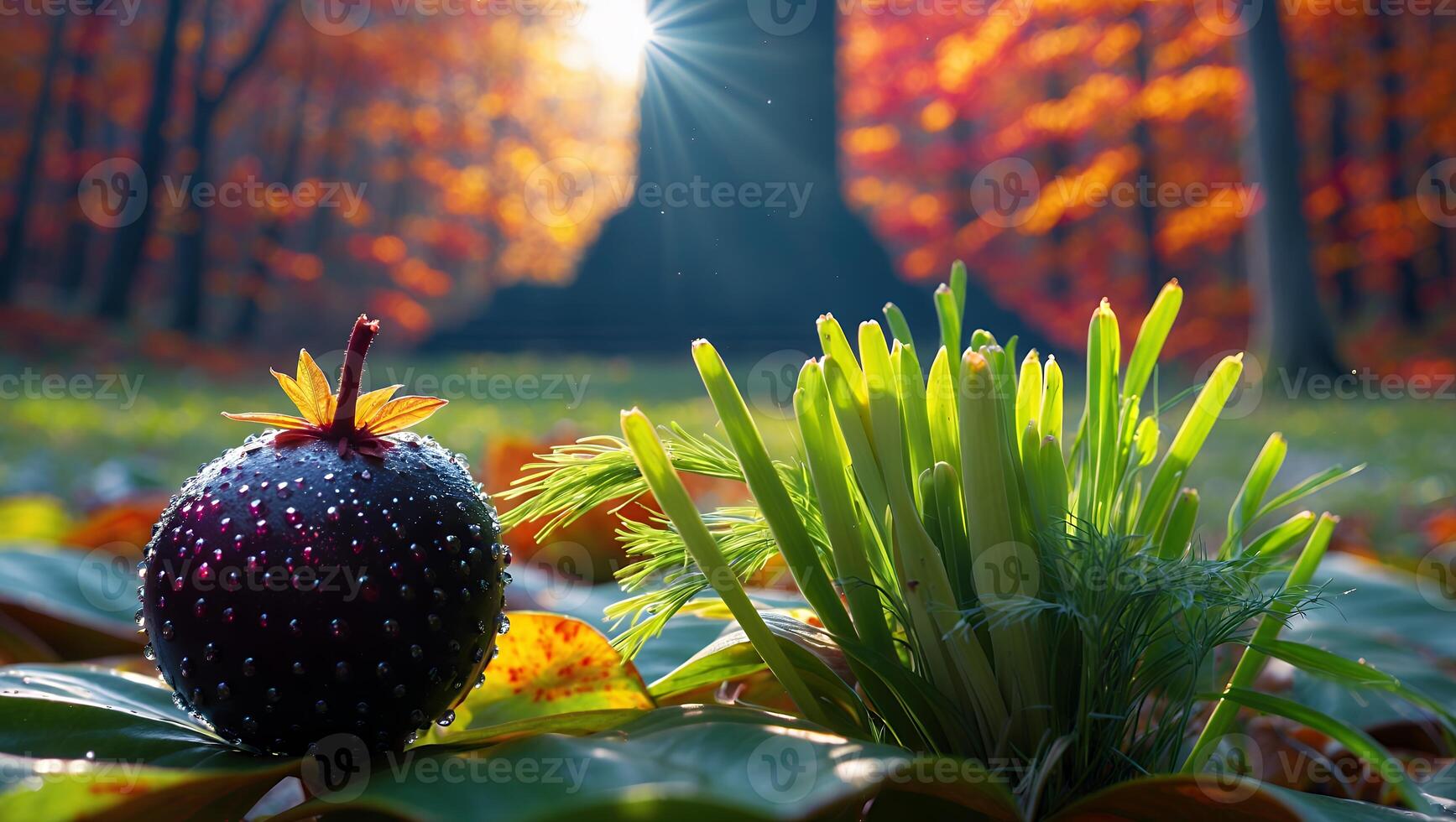 Autumn Berry with Green Plant in Forest Sunlight photo