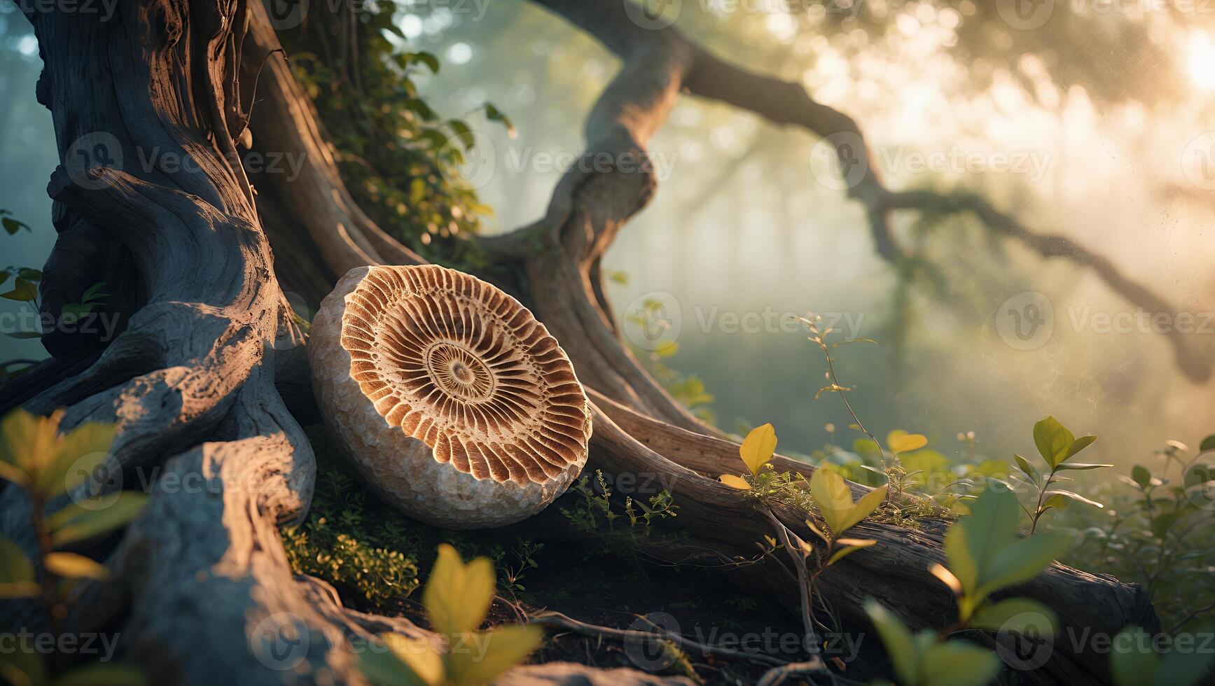 Fossil on Tree Root in Forest Setting photo