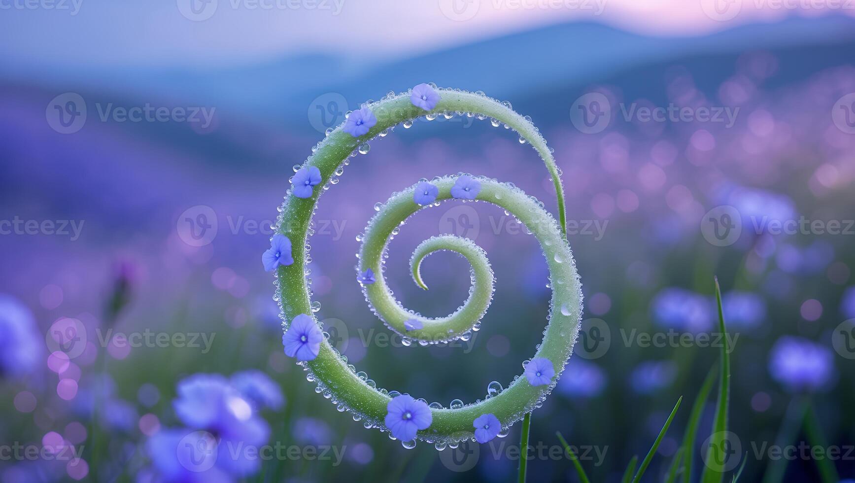Spiral Plant with Water Drops and Small Blue Flowers photo