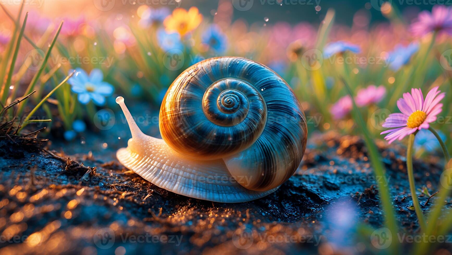 Snail Crawling in Meadow with Flowers photo
