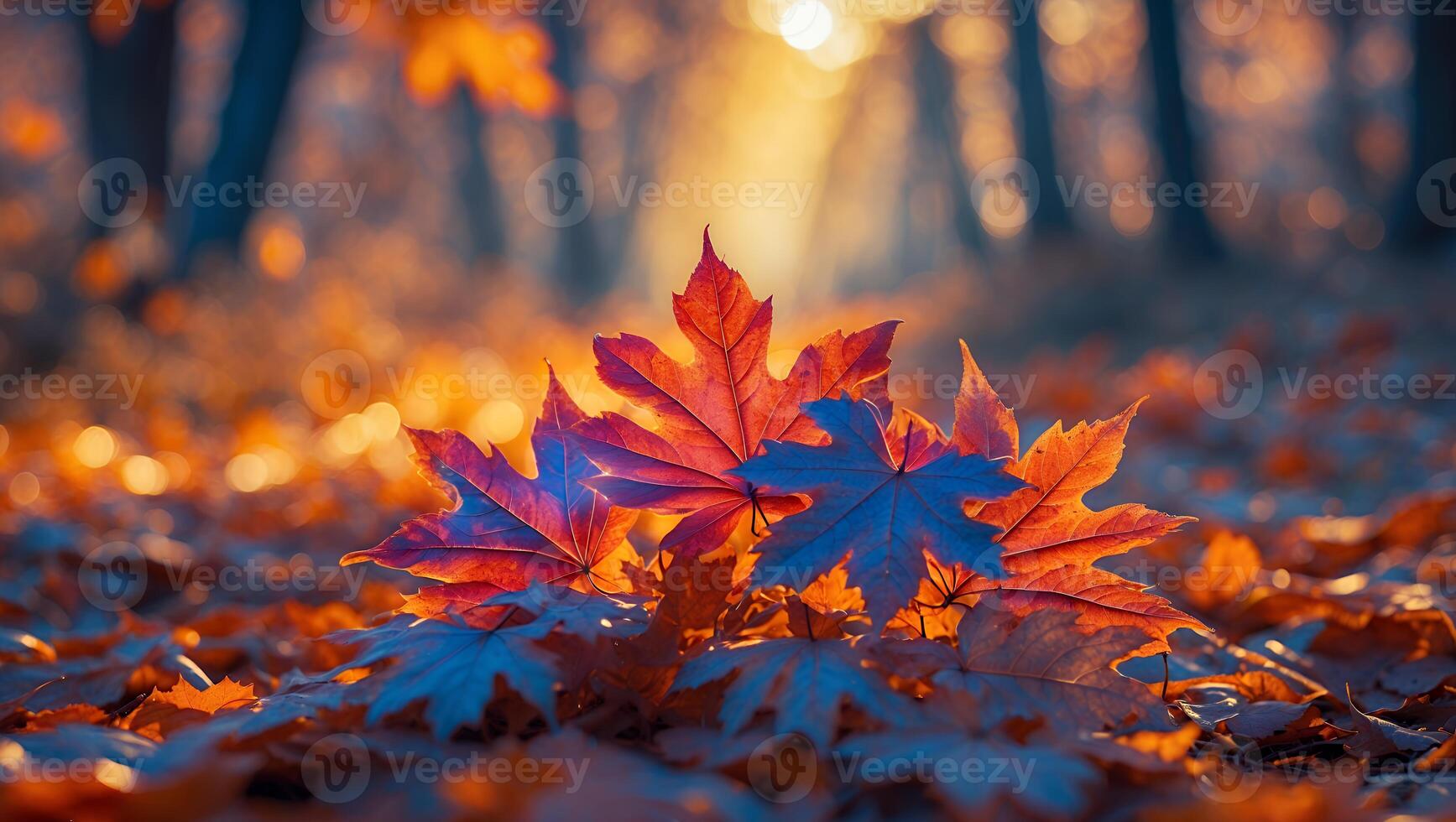 Maple Leaves on Forest Floor in Autumn Sunlight photo