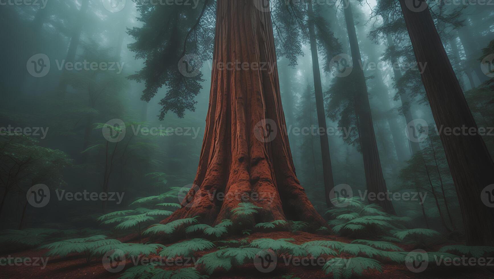 Sequoia Tree in a Foggy Forest photo
