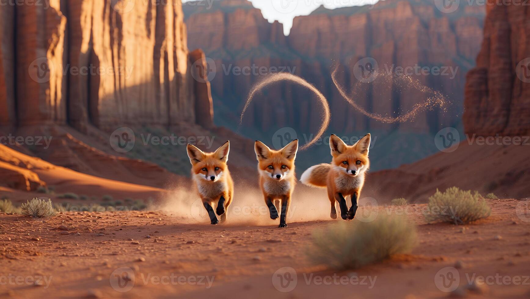 Fox Cubs Running in Desert Landscape photo