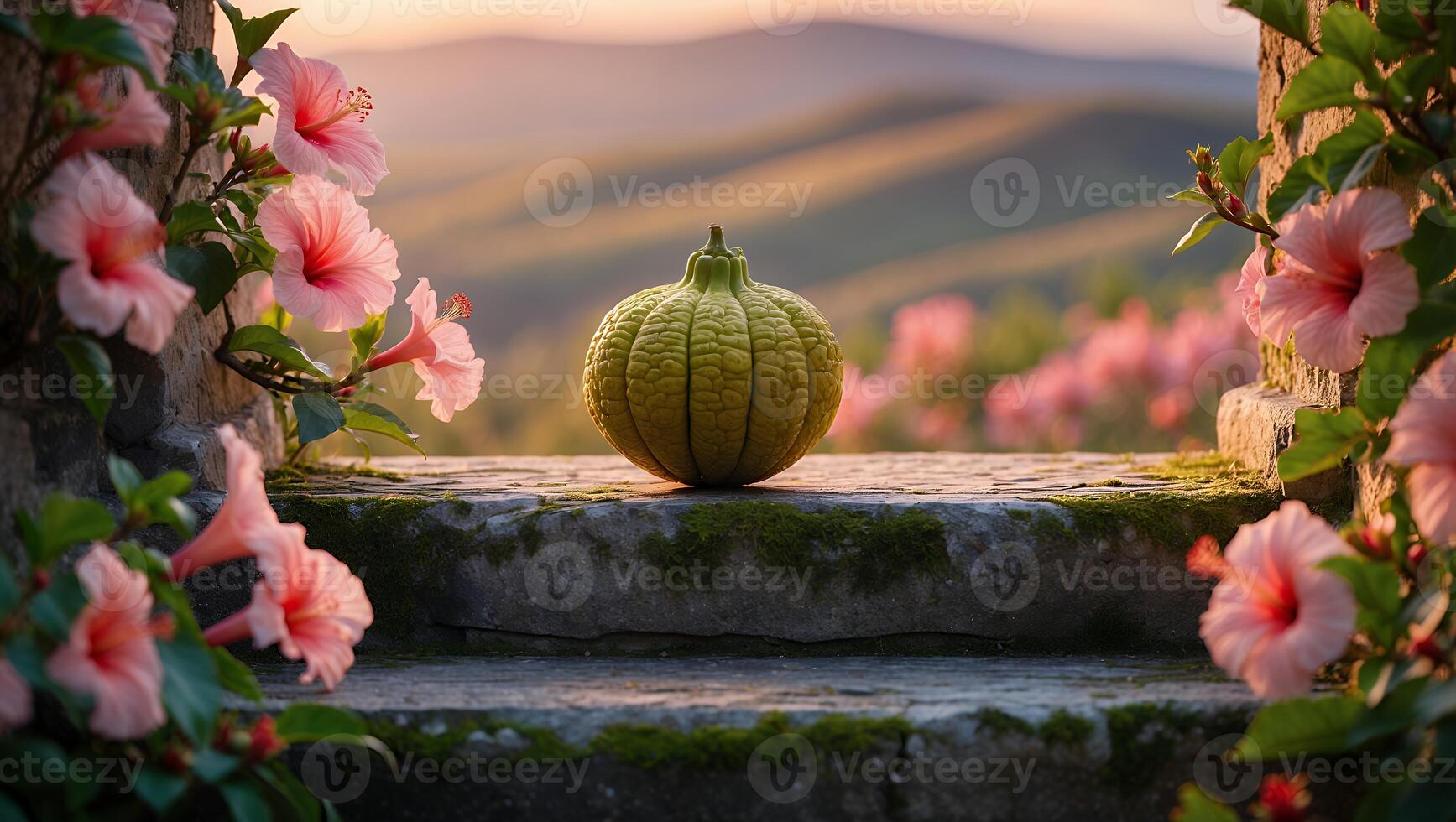 Green Pumpkin with Hibiscus on Stone Steps Overlooking Hills photo
