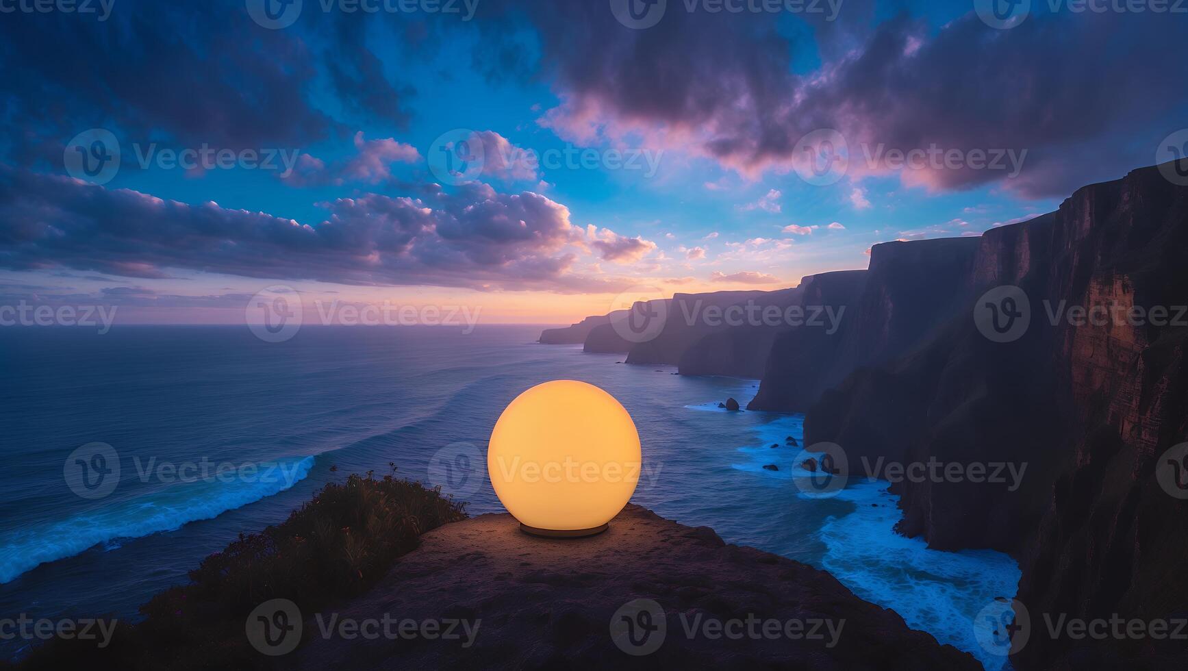 Glowing Orb on Cliff at Dusk Overlooking Ocean View photo