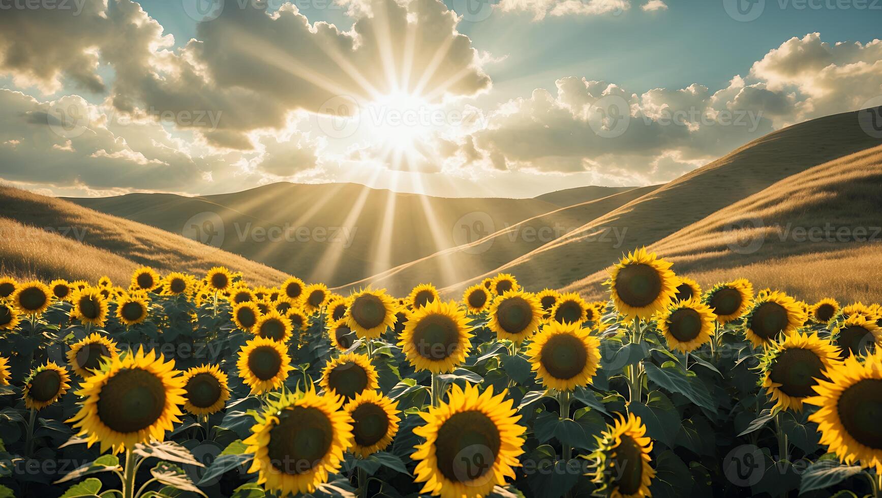 Sunflower Field at Sunset on Grassy Hills Under Cloudy Sky photo