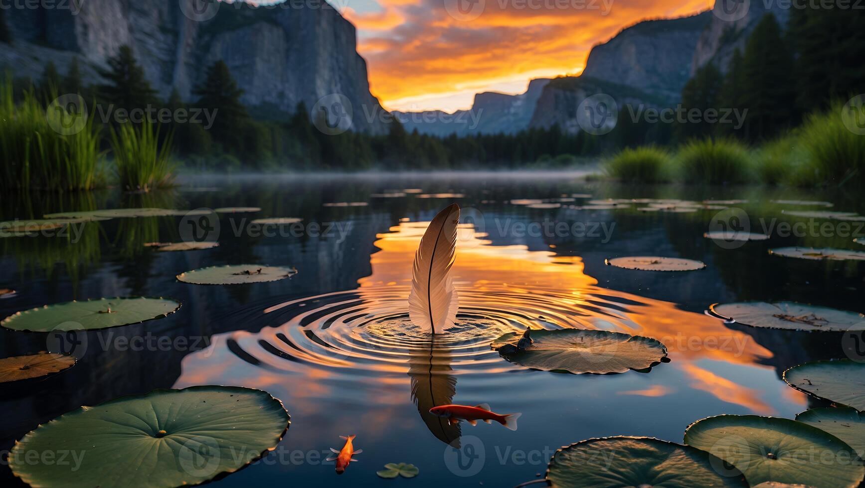 Feather in Mountain Lake with Lily Pads and Fish photo
