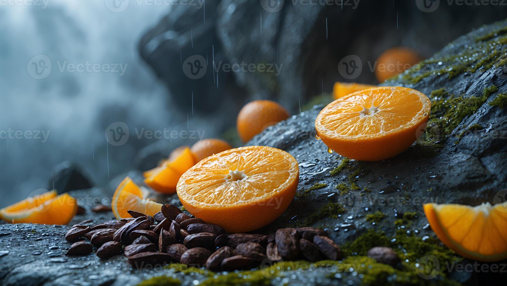 Oranges with Cocoa Beans on Rocky Surface in the Rain photo