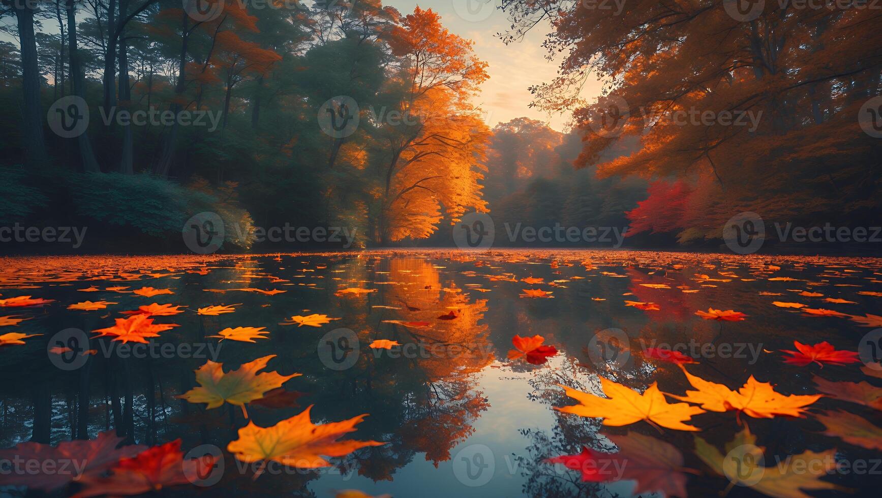 Autumn Leaves Floating on Lake in Forest photo
