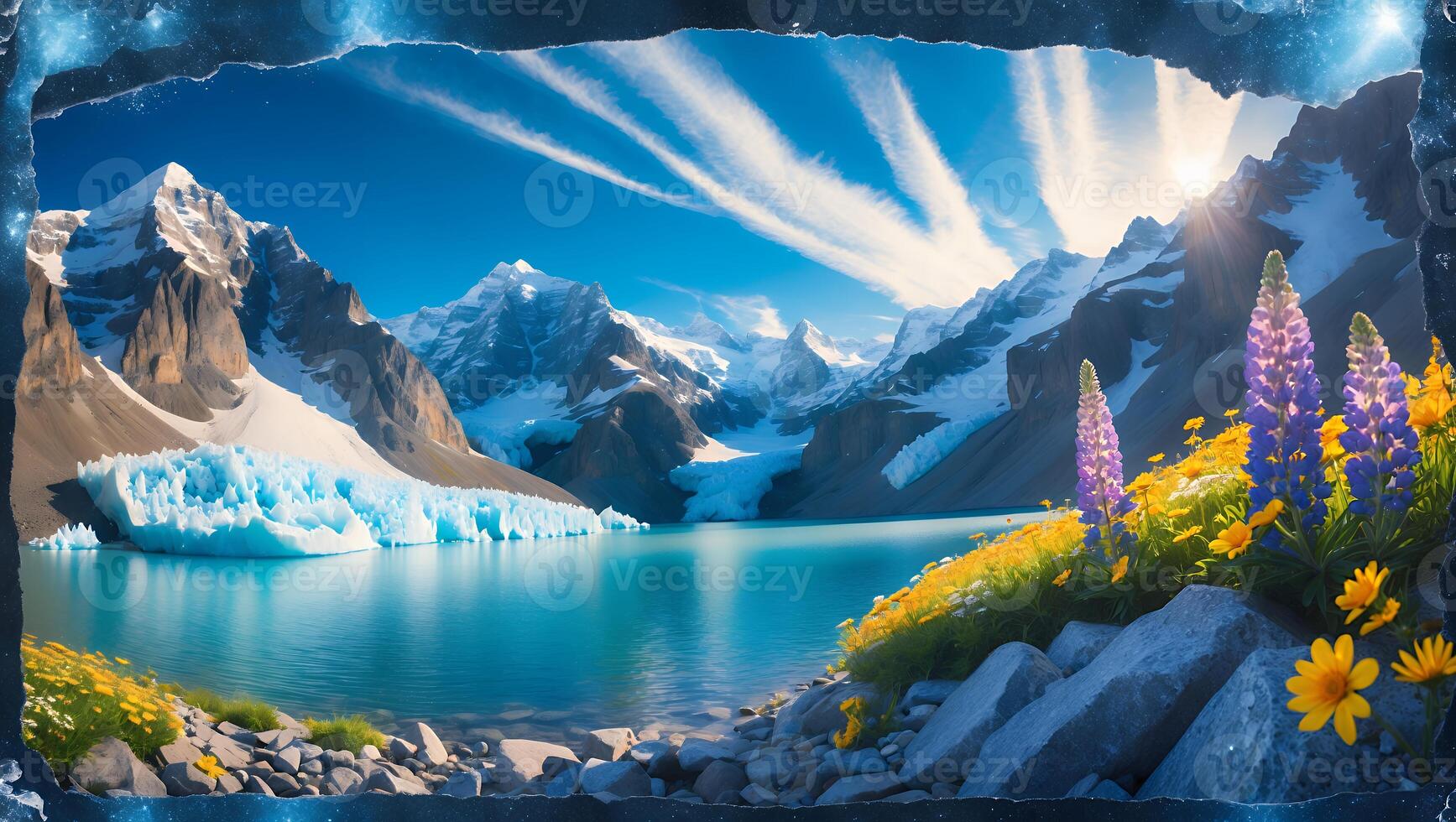 Mountain Lake View with Glacier and Flowers photo