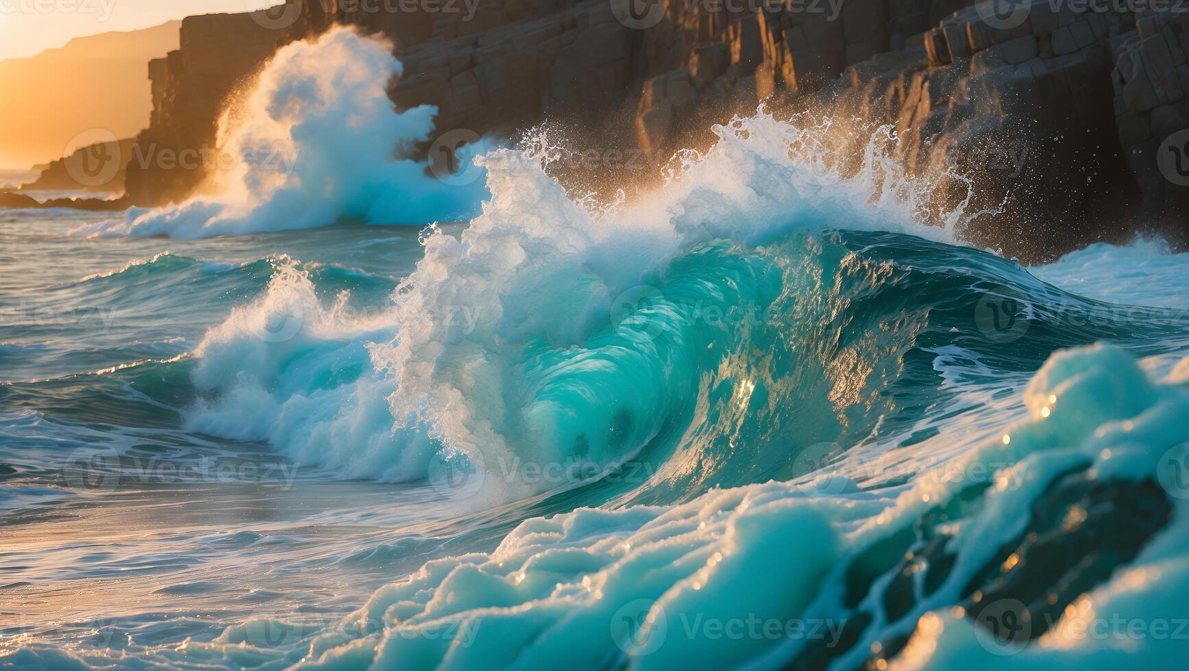 Ocean Wave Crashing on Rocky Shore at Sunrise photo