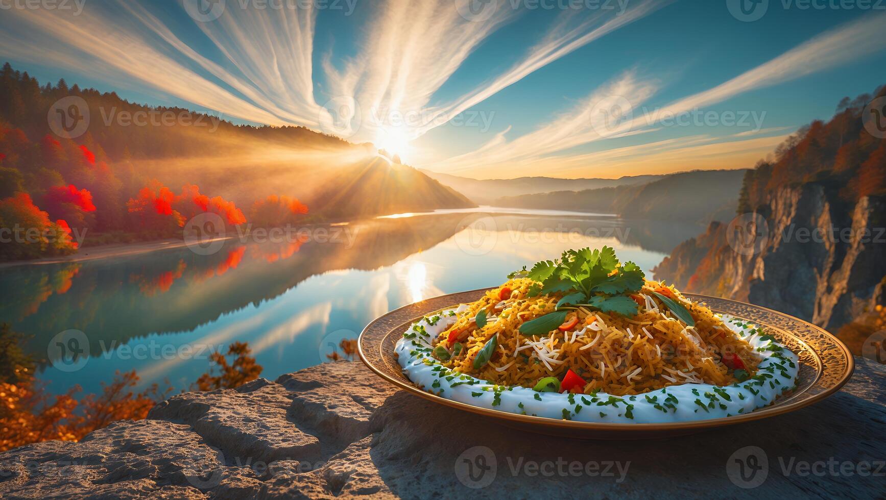 Rice Dish on Stone with Lake Mountain Background photo