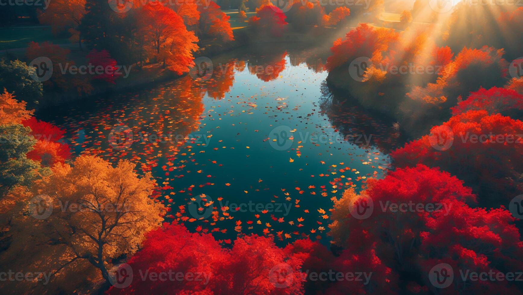 Autumn Lake with Foliage and Sun Rays photo