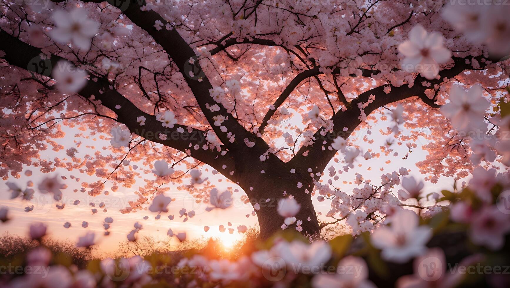 Cherry Blossom Tree with Pink Petals and Sunset photo
