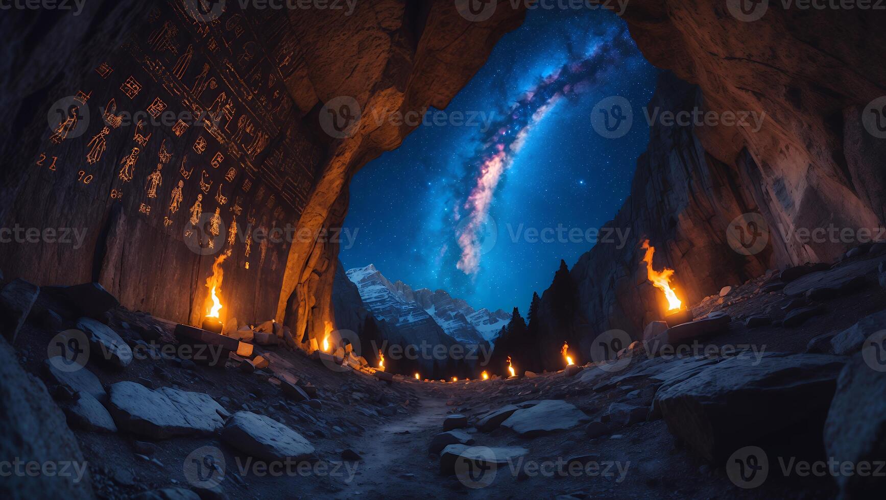 Cave with Ancient Writing and Milky Way Stars photo