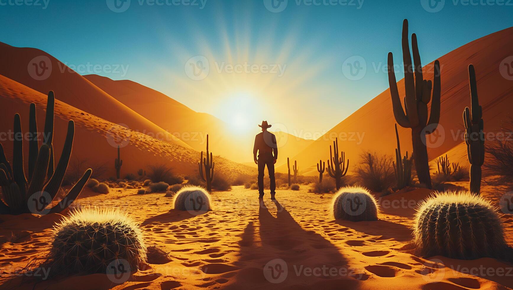 Cowboy Stands in Desert Landscape with Cactus photo