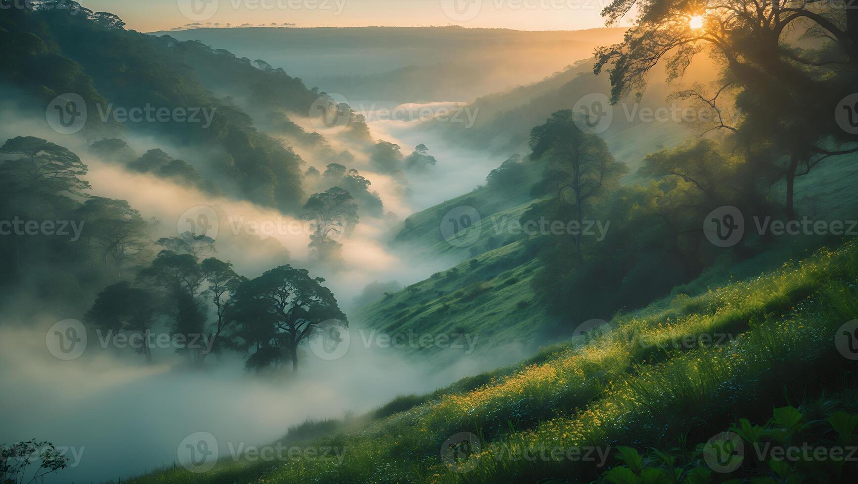 Misty Valley with Forest at Sunrise photo