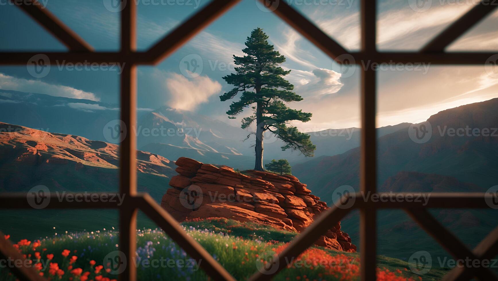 Tree on Rock Through Window with Mountains and Flower Field photo