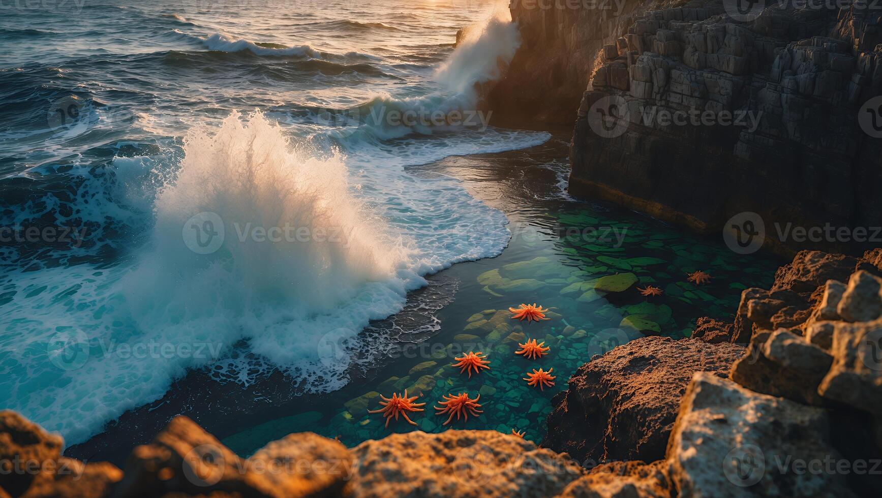 Ocean Wave Crashing on Rocky Coast with Tide Pool photo