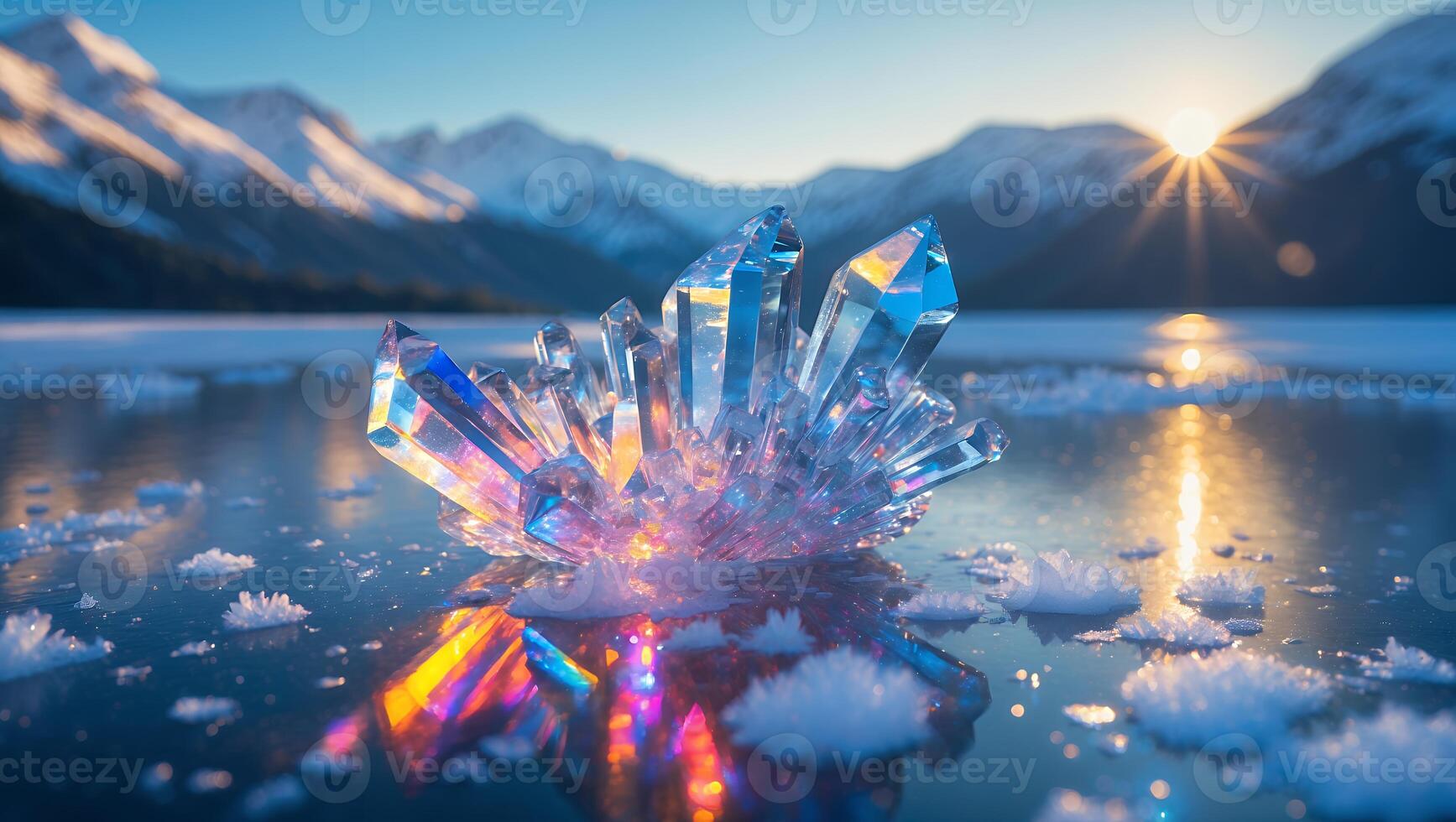 Crystal on Frozen Lake with Mountains and Sunrise photo
