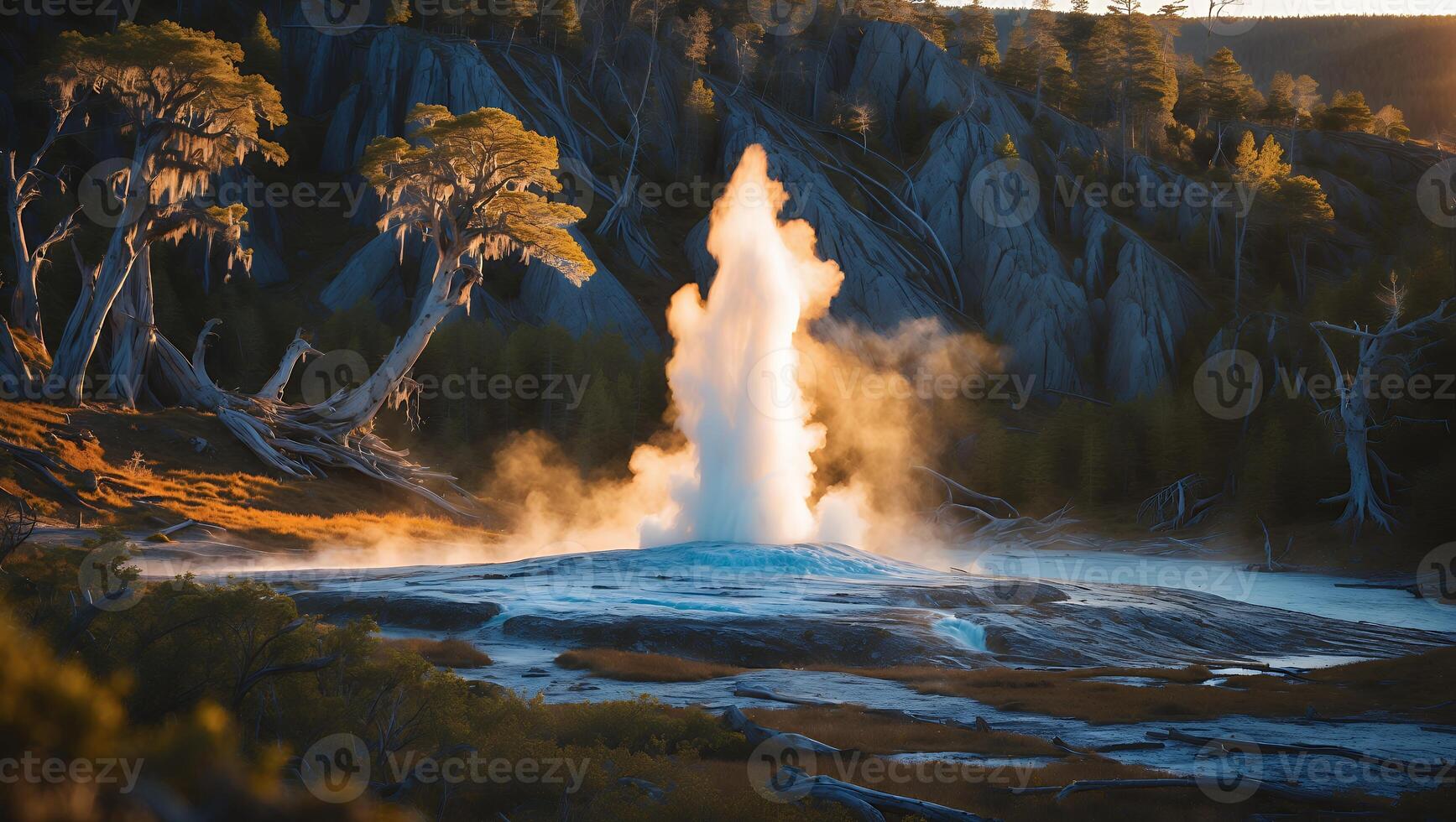 Geyser Eruption in Mountain Landscape Scenery photo