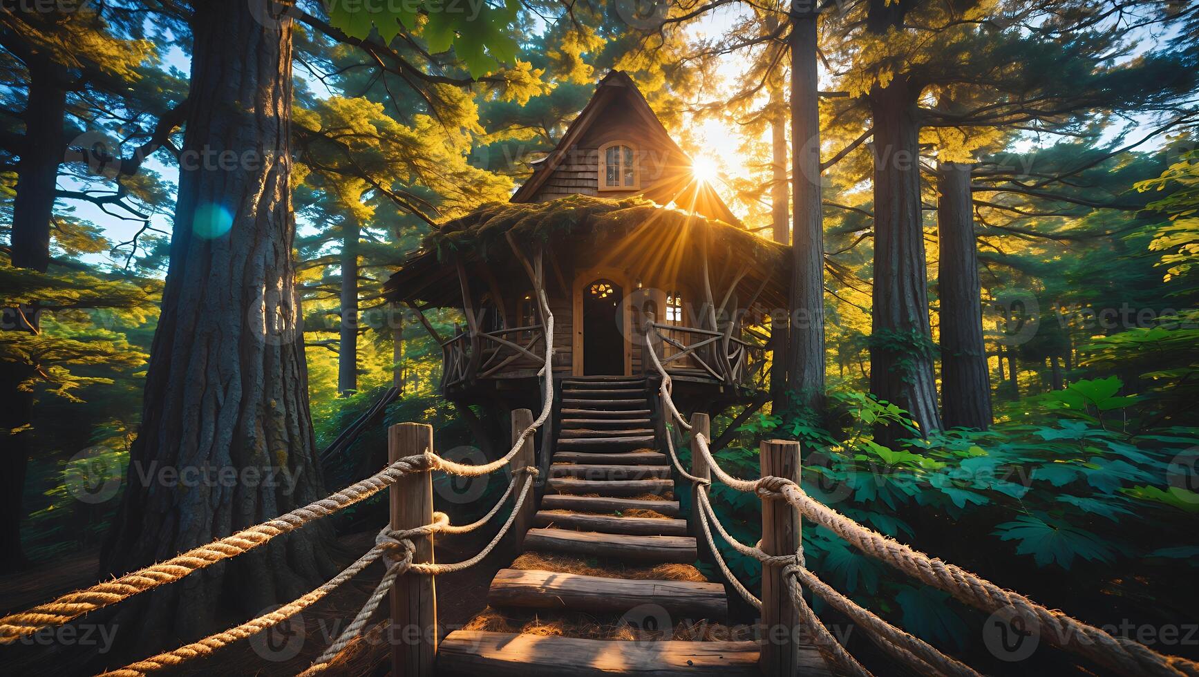 Treehouse Hidden in the Forest at the Top of the Stairs photo