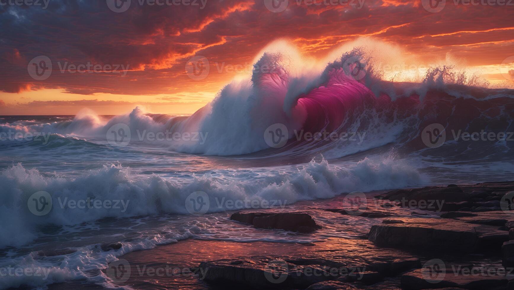 Ocean Wave at Sunset with Rocks on Shore photo