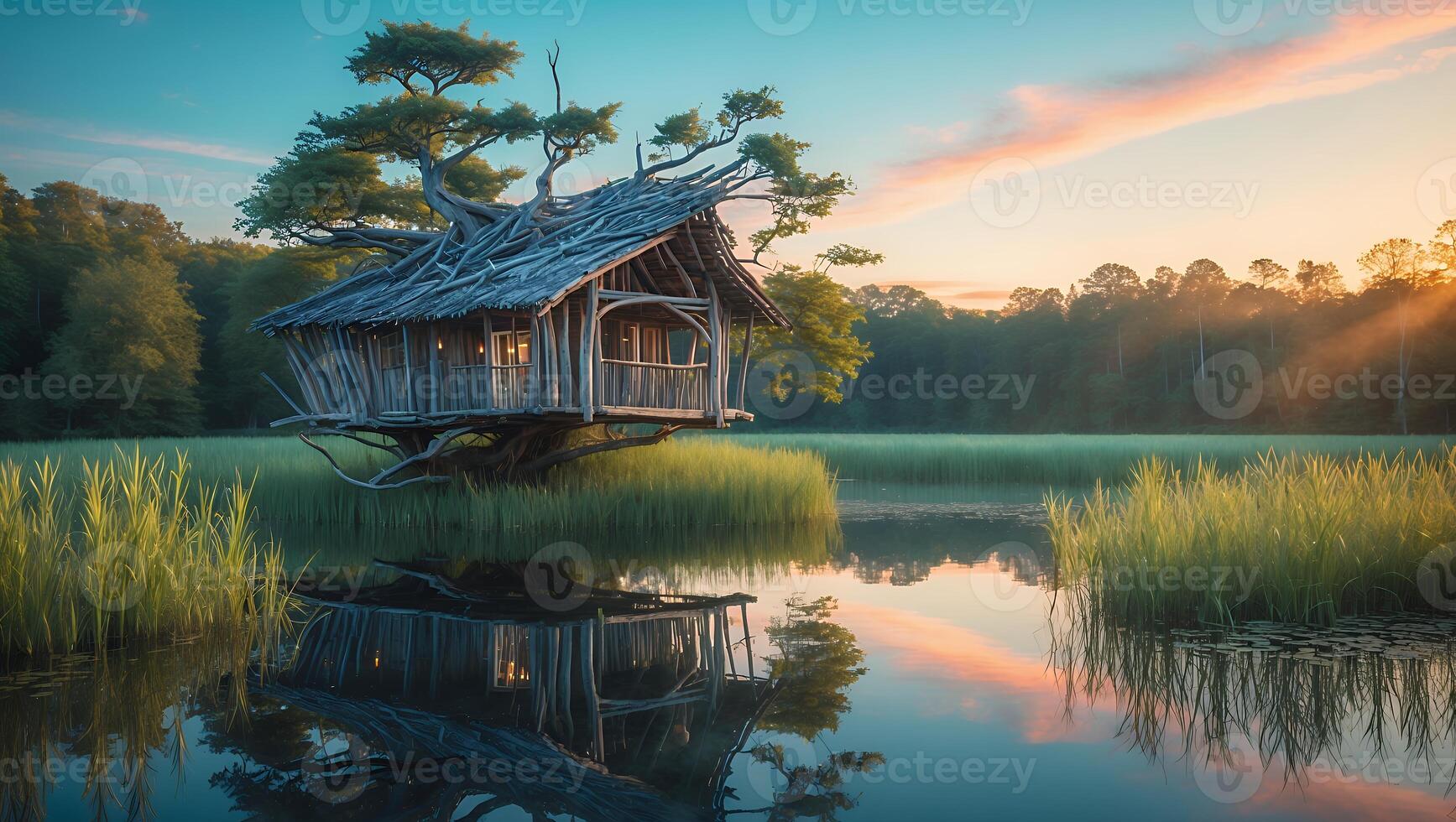 Treehouse on Lake at Sunset with Reflection photo