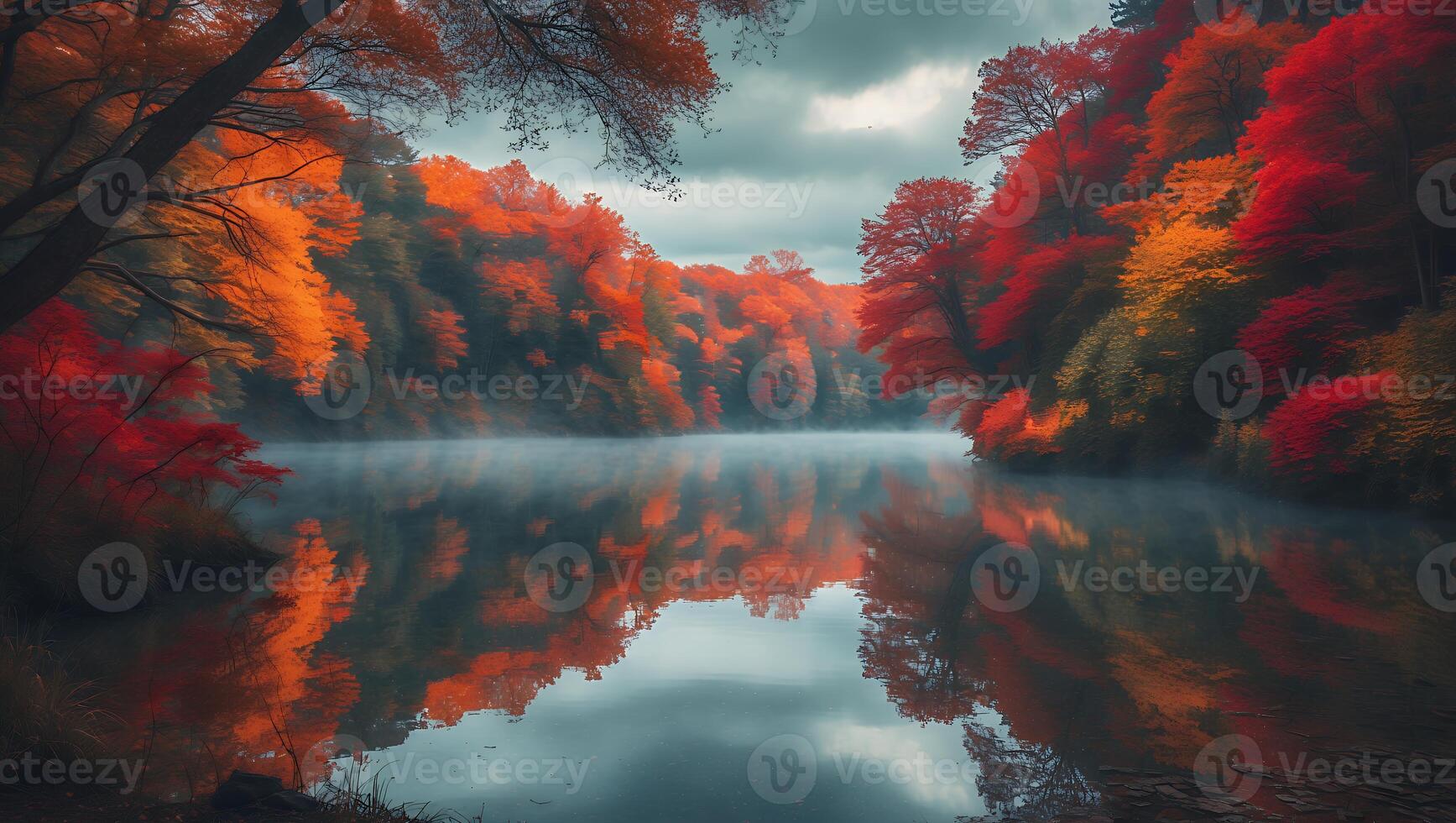 Autumn Landscape of River and Trees with Fall Colors photo